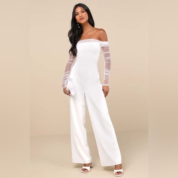 LULU’S Eternal Bliss White Tulle Off The Shoulder Wide-Leg Jumpsuit - Picture 4 of 5